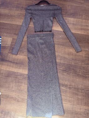 Zara Metallic Cropped Ribbed Knit Skirt Set in Charcoal Silver